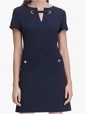 Tommy Hilfiger Navy Blue Short Sleeve Sheath Dress with Metal Accent size 10